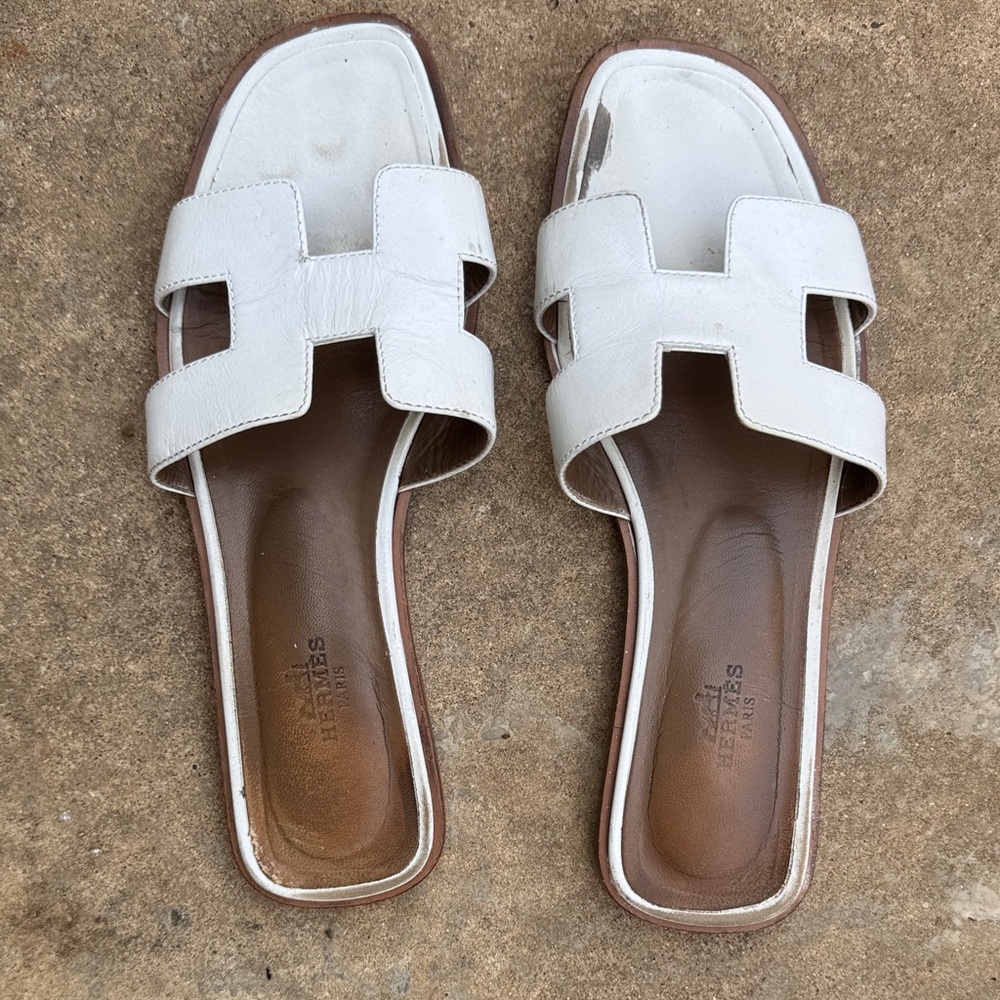Hermes White Leather Slide Sandals